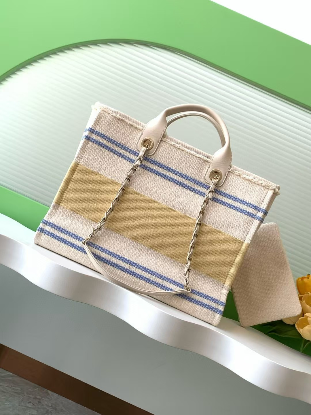 Ch*el shopping bag cotton canvas & gold-tone metal 38x30x22cm