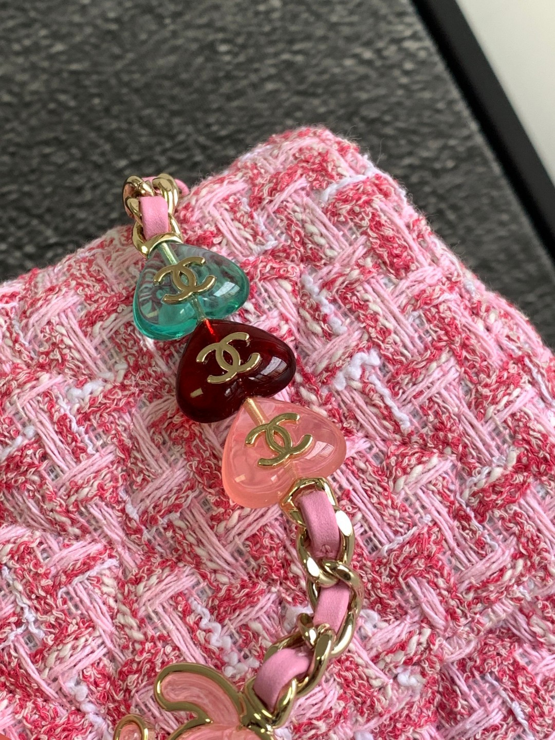 Ch*el flap bag pink tweed 14.5x18.5x6.5cm