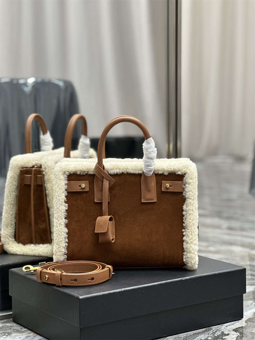 y*l sac de jour S*pple nano in suede and shearling dark cigar and natural beige