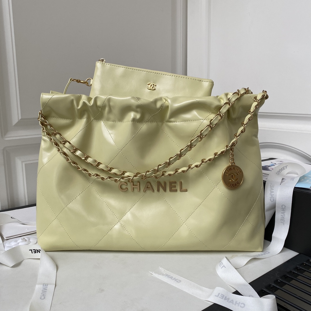 Ch*el 22 handbag shiny calfskin yellow 30×45×8cm