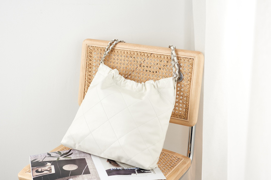 Ch*el 22 handbag metallic shaded calfskin & silver-tone metal white 15.2×16.4×3.1 in