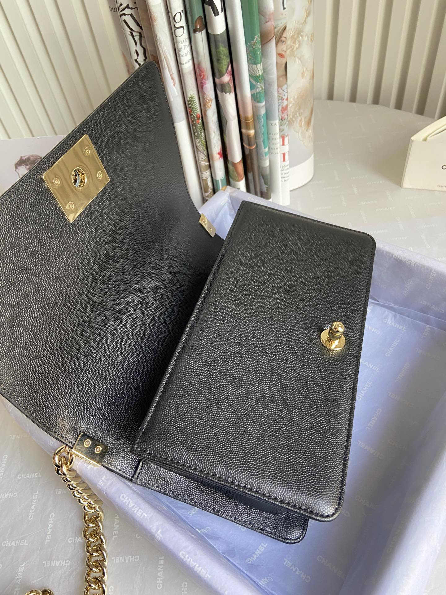 boy Ch*el handbag shiny grained calfskin & gold-tone metal black 5.9 × 9.8 × 3.5 in