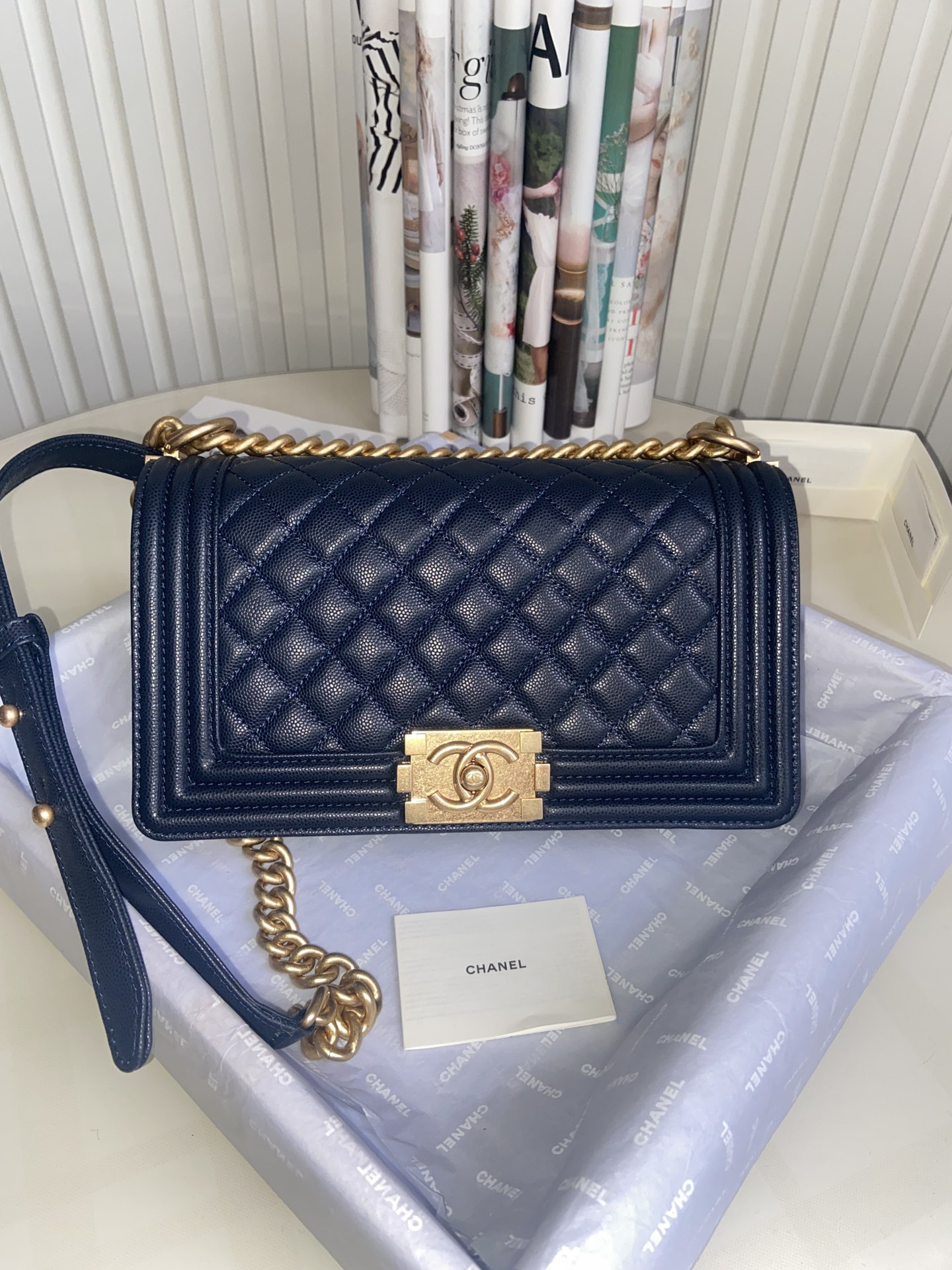 boy Ch*el handbag shiny grained calfskin & gold-tone metal navy 5.9 × 9.8 × 3.5 in