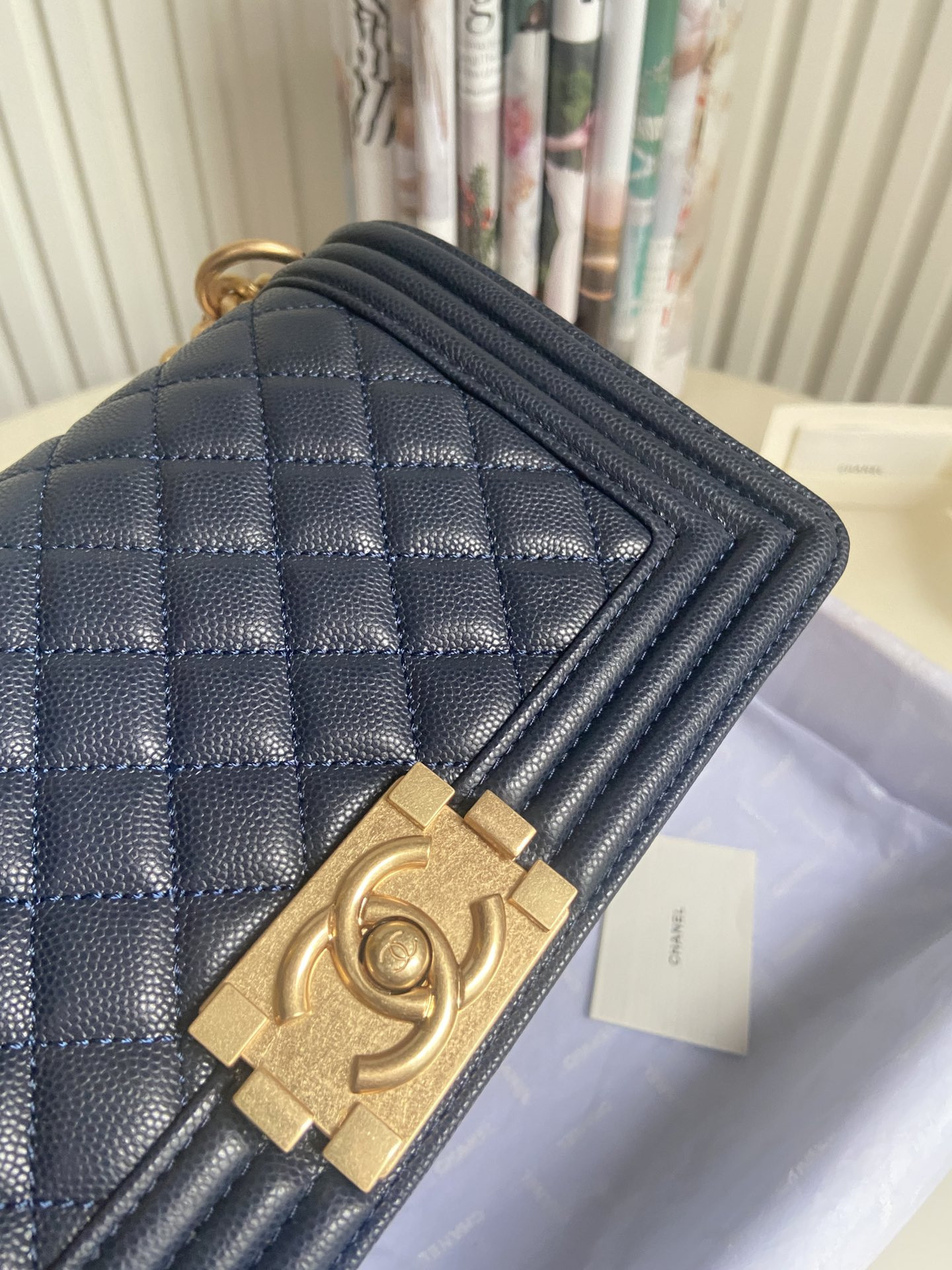 boy Ch*el handbag shiny grained calfskin & gold-tone metal navy 5.9 × 9.8 × 3.5 in