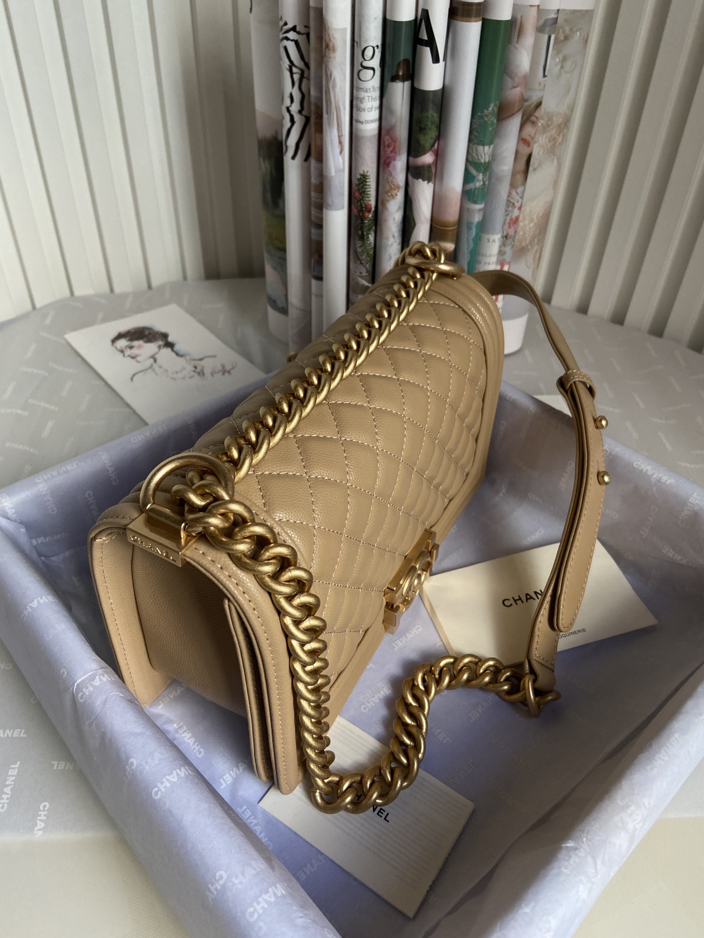 boy Ch*el handbag shiny grained calfskin brown 5.9 × 9.8 × 3.5 in