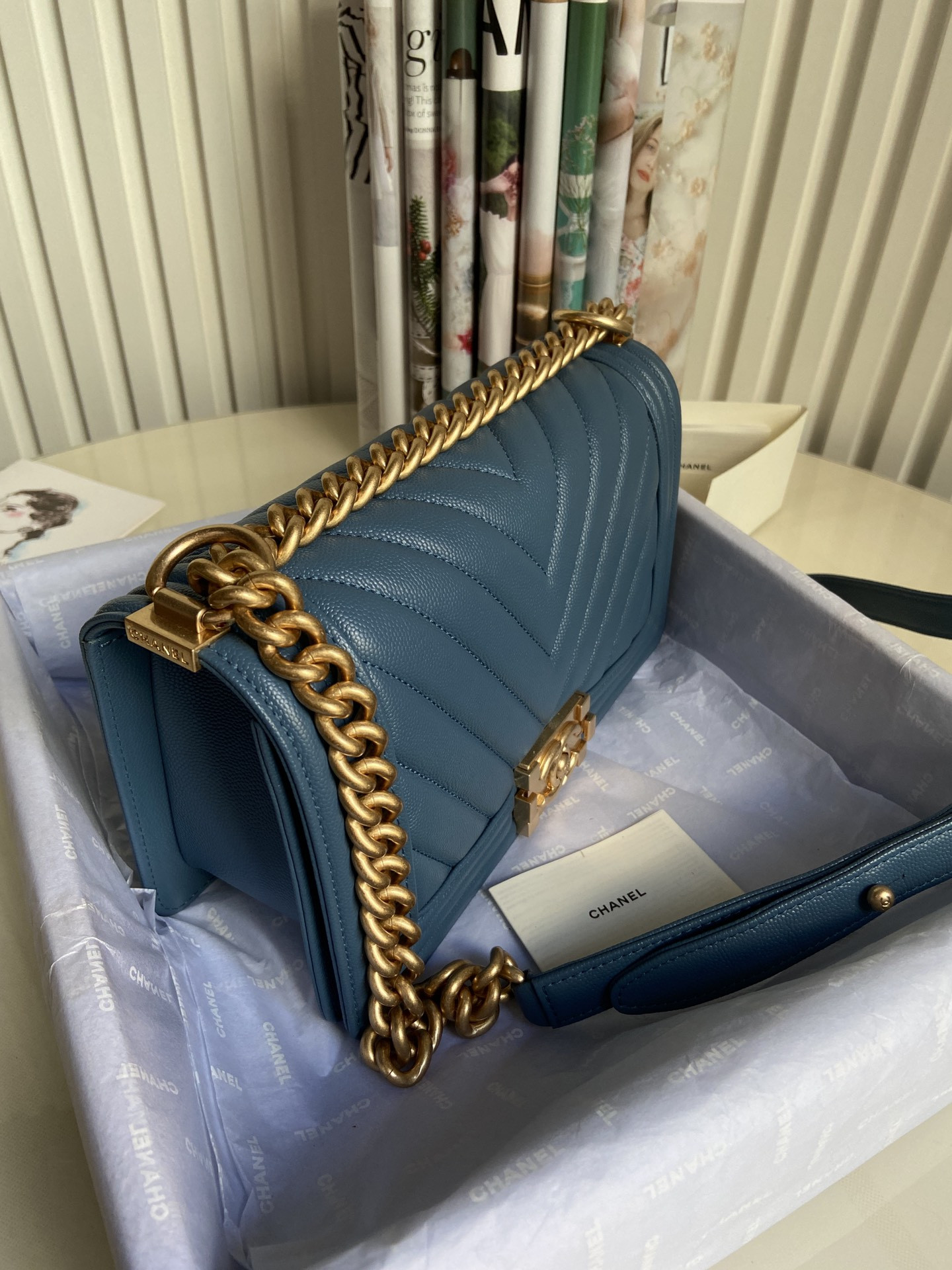 boy Ch*el handbag shiny grained calfskin & gold-tone metal blue 5.9 × 9.8 × 3.5 in