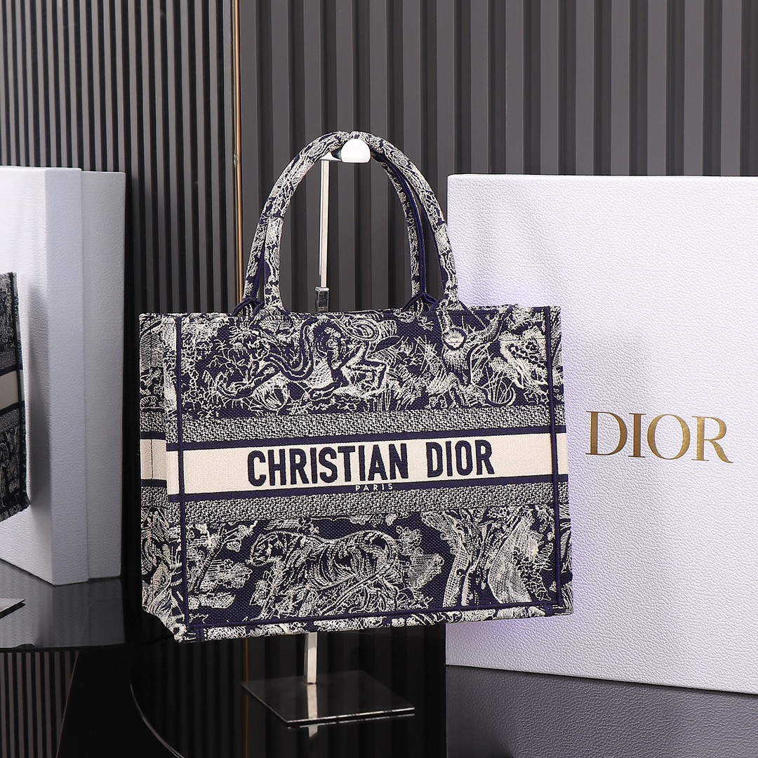 medium D*or book tote  blue and ecru toile de jouy reverse embroidery 14 x 11 x 6.5 inches