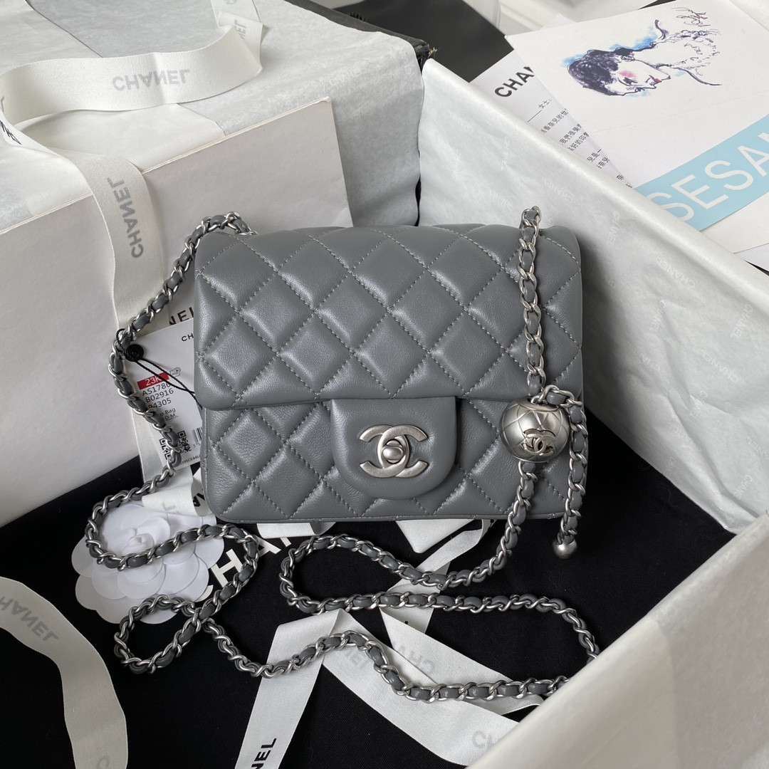 Ch*el mini flap bag shiny calfskin & silver-tone metal gray 5.3 × 6.6 × 3.1 in