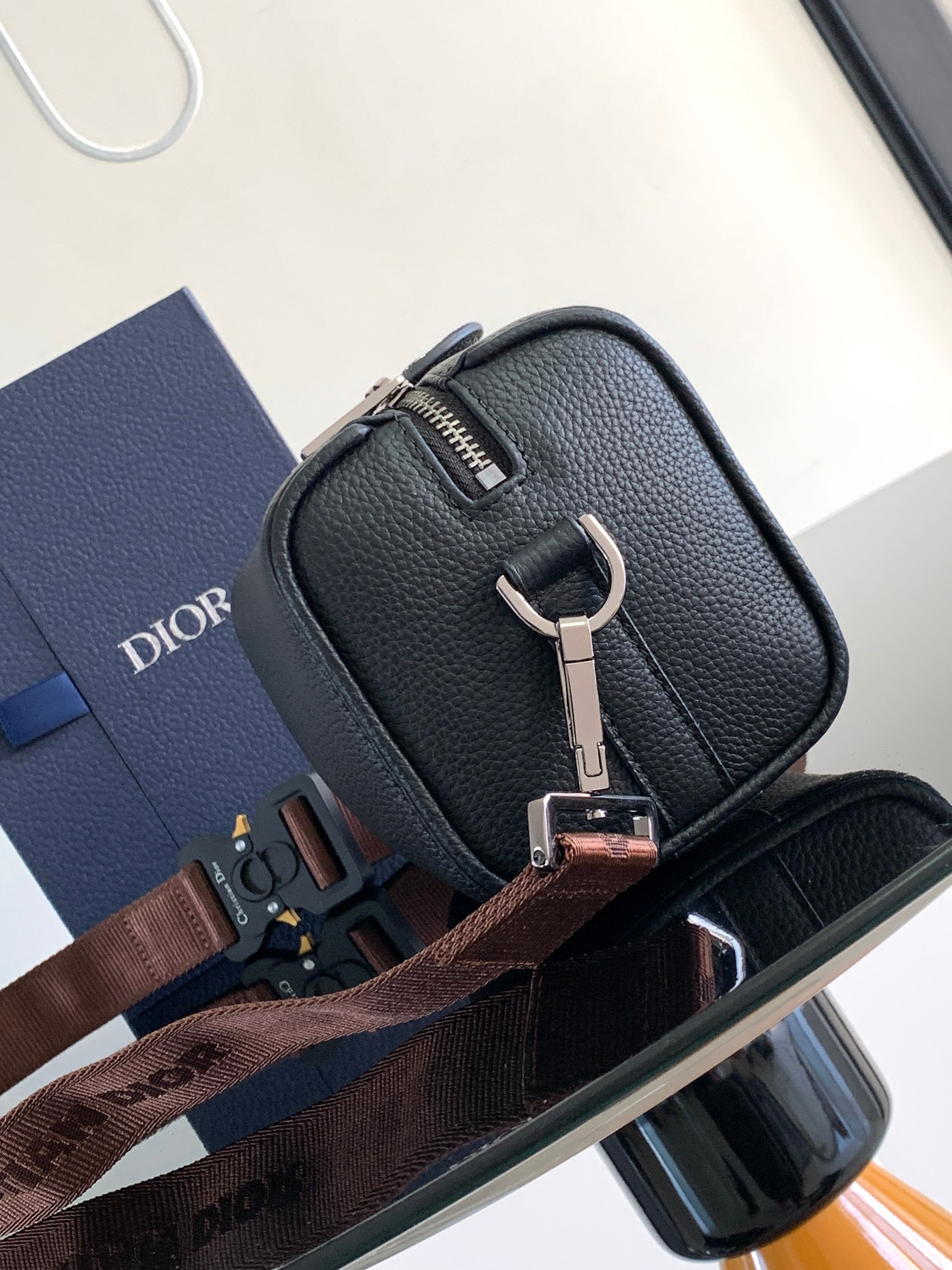 D*or lingot toiletry bag grained leather black black oblique mirage technical fabric 8.5 x 5 x 4 inches