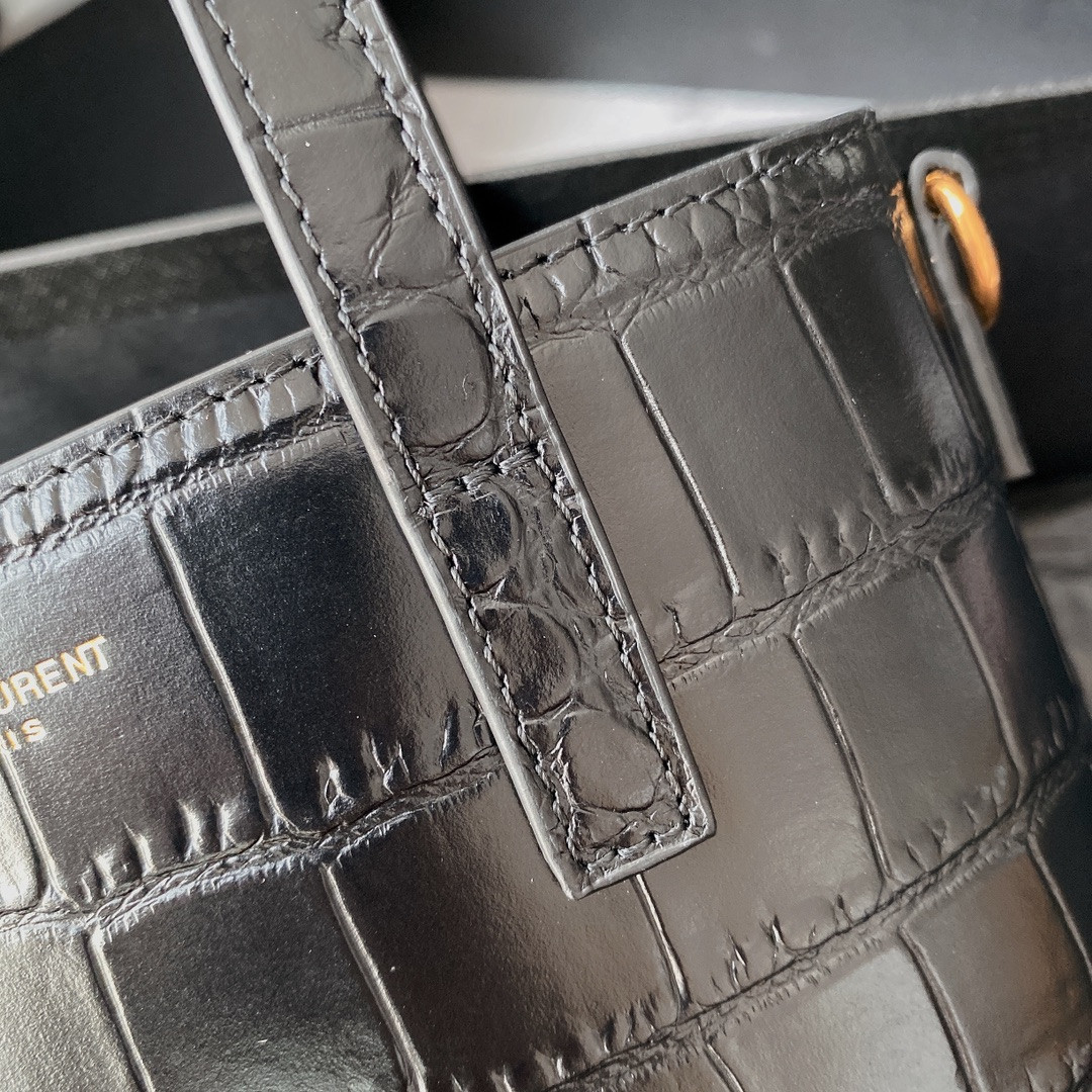 y*l Sa**t Lau*nt paris mini toy shopping in crocodile-embossed leather black 7.1 x 6.7 x 3.1 inches