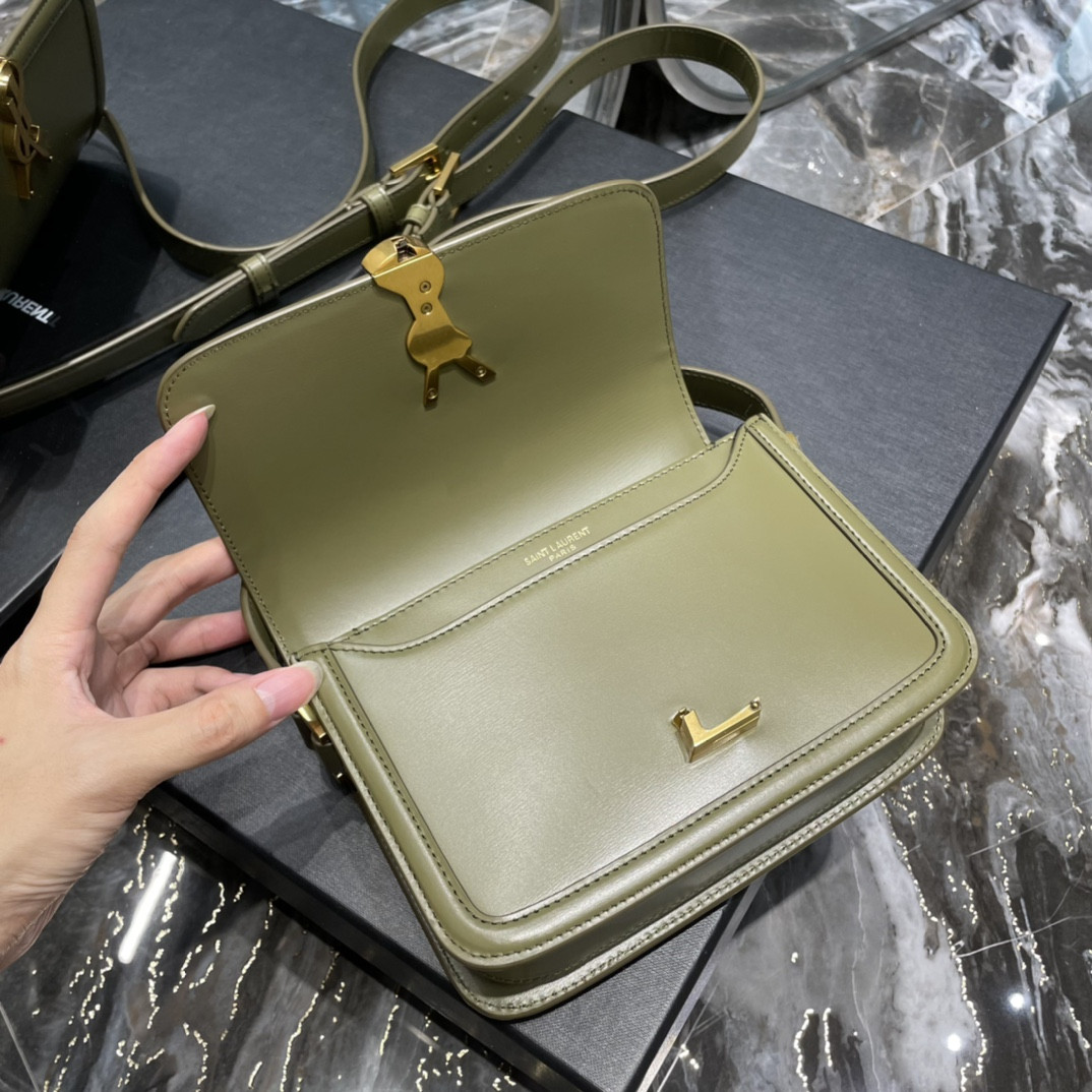 y*l solferino small satchel in box Sa**t Lau*nt avocado green 7.4 x 5.1 x 1.9 inches