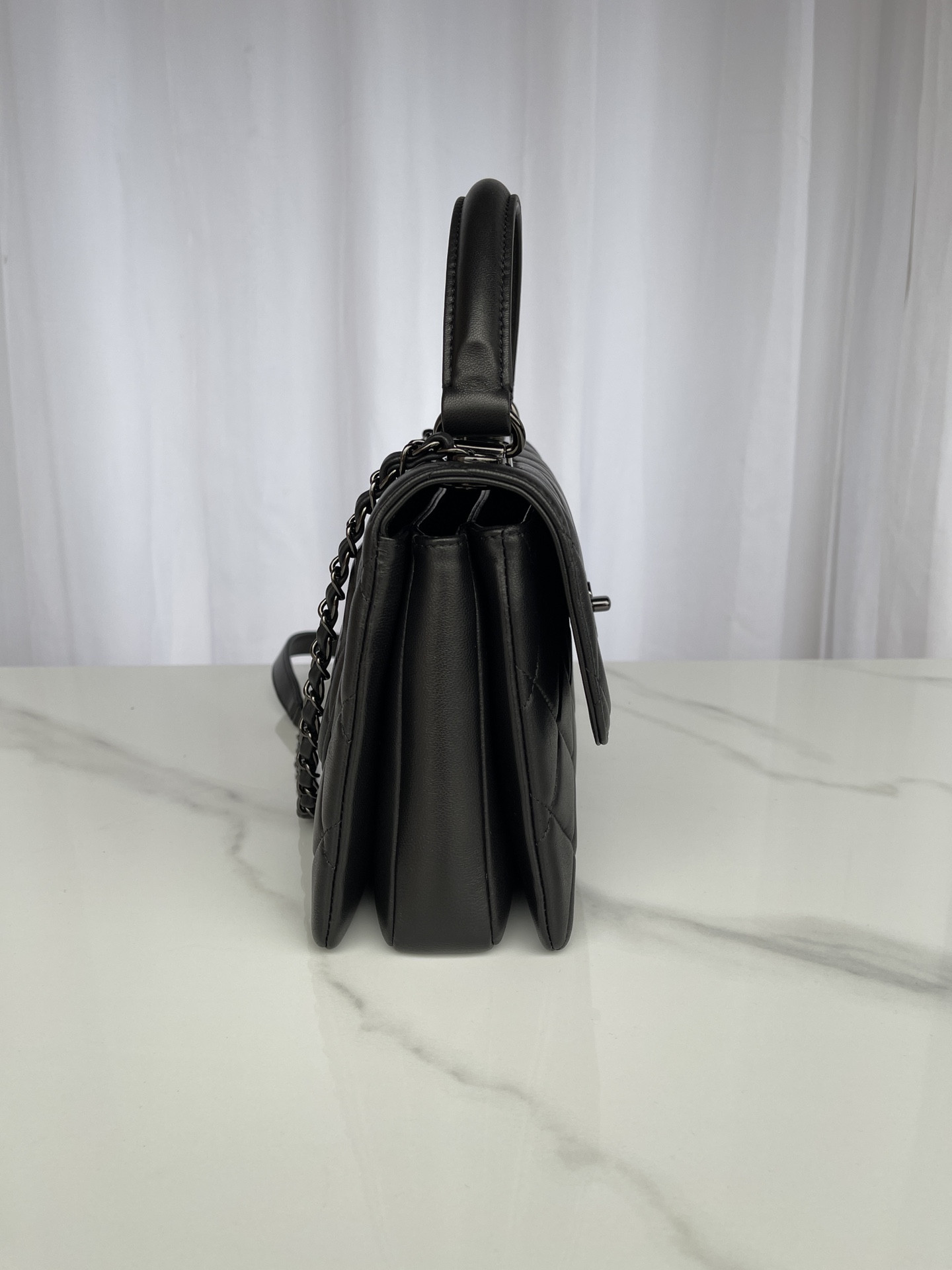 Ch*el flap bag with top handle black 6.6 × 9.8 × 4.7 in