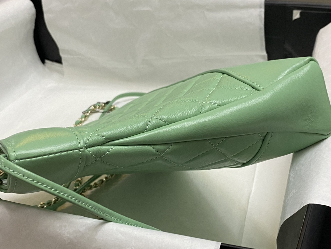 Ch*el mini shopping bag shiny lambskin & gold-tone metal light green 22x23x5.5cm